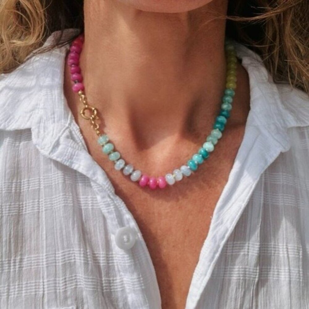 Rainbow Crystal Beaded Necklace 18K Gold Toggle Waterproof Boho Layering Jewelry - Picture 3 of 16